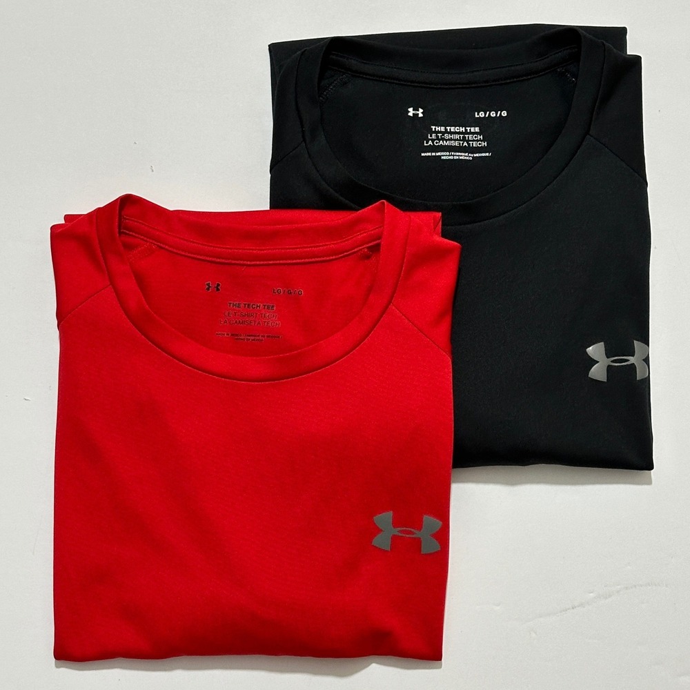 Lot 2 Under Armour Mens Shirt L Tech Tee Red Black Short Sleeve Performance Gym